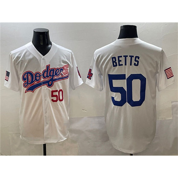 Los Angeles Dodgers #50 Mookie Betts White MIKSHPS With American Flag Patch Limited Stitched Jersey