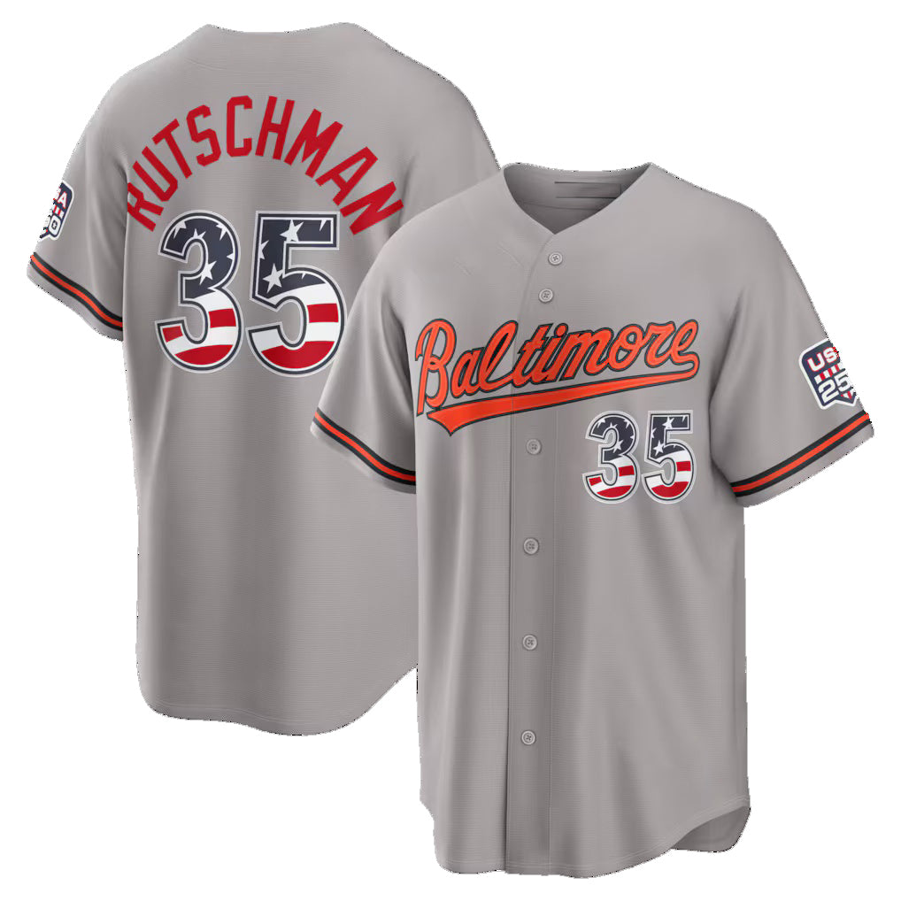 Baltimore Orioles #35 Adley Rutschman USA 250 Fourth of July Road Stadium Jersey - Gray MIKSHPS