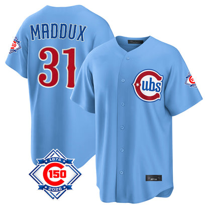 Chicago Cubs #31 Greg Maddux Player Light Blue MIKSHPS 150th Anniversary Home Game Stitched Jerseys