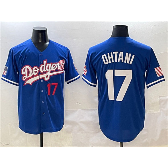 Los Angeles Dodgers #17 Shohei Ohtani Royal MIKSHPS With American Flag Patch Limited Stitched Jersey
