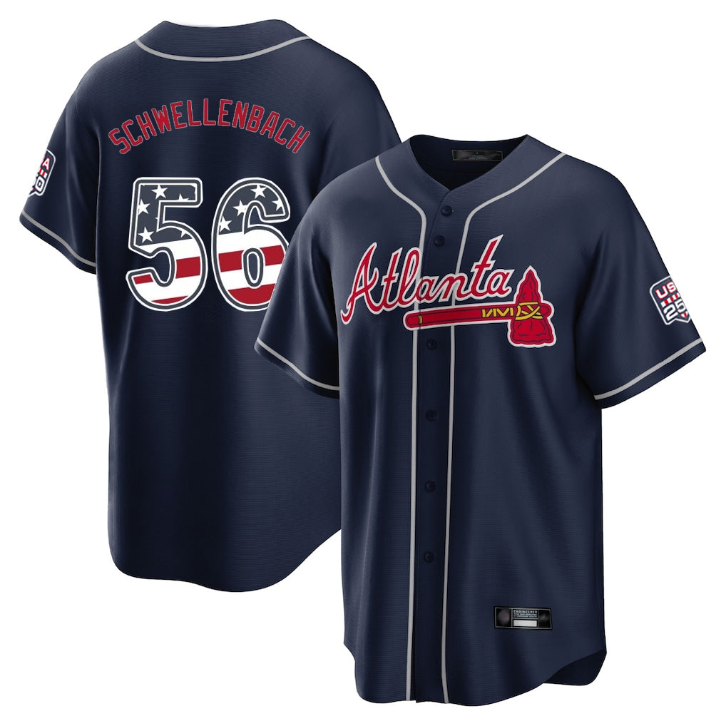 Atlanta Braves #56 Spencer Schwellenbach Player Navy MIKSHPS USA 250 Fourth Of July Limited Home Game Stitched Jerseys