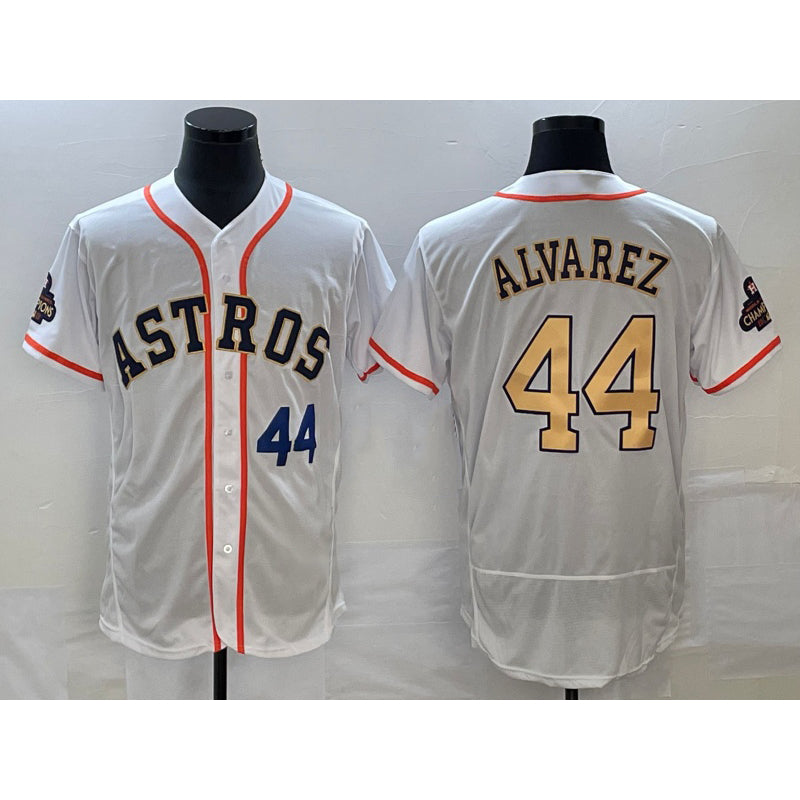 Houston Astros #44 Yordan Alvarez Number 2023 White Gold MIKSHPS World Serise Champions Patch Flex Base Stitched Jersey 3