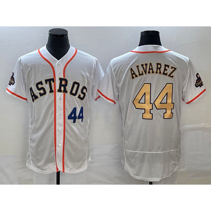 Houston Astros #44 Yordan Alvarez Number 2023 White Gold MIKSHPS World Serise Champions Patch Flex Base Stitched Jersey 3