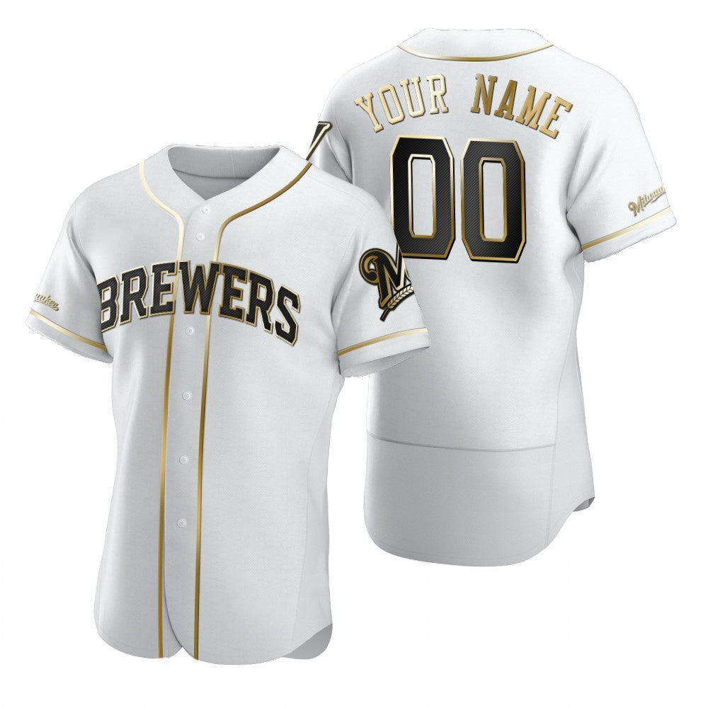 Custom Milwaukee Brewers White MIKSHPS Stitched Flex Base Golden Edition Jersey