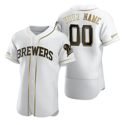 Custom Milwaukee Brewers White MIKSHPS Stitched Flex Base Golden Edition Jersey